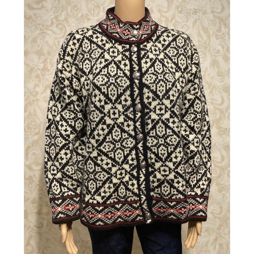 Vintage L.L.Bean Nordic Fair Isle Cardigan Sweater 85% wool silver buttons sz L